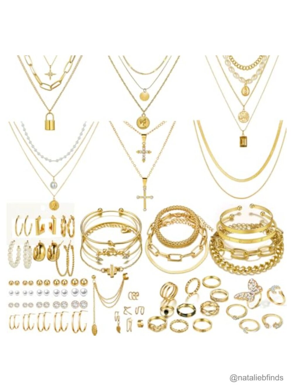 73 Pcs Gold Jewelry Set with Layered Necklace, Anklets, Rings, Earrings for